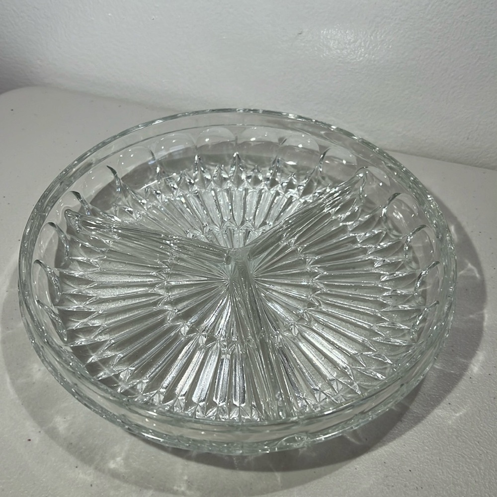Vintage Leonard Cut Crystal Relish Dish, 3 Sections, Made in Italy, 9”x 1.75”